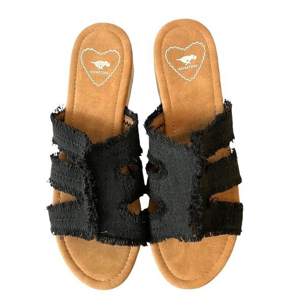 Rocket Dog Clipper Slip On FRAYED Black Platform WOOD BLOCK HEEL Sandals-Women-9 - Picture 2 of 14